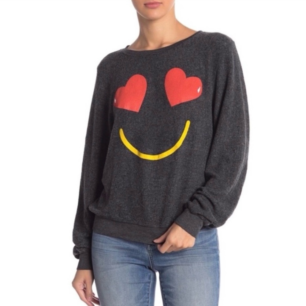 Wildfox Size XS Dark Gray Happy Face Red Hearts Baggy Beach Sweatshirt Top